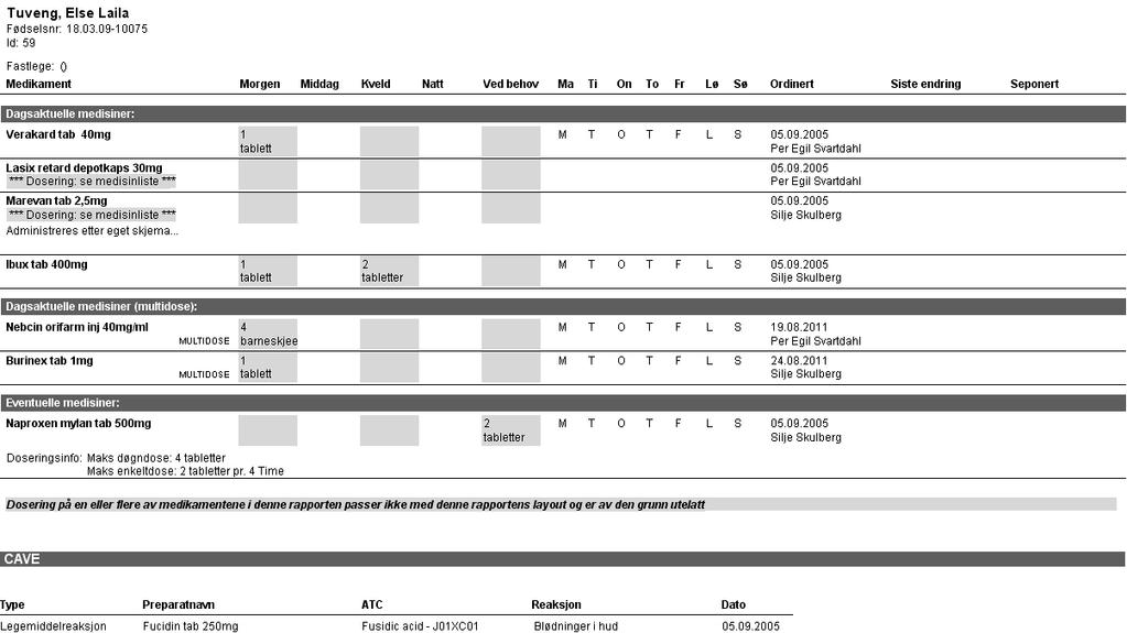 Doseringsliste: Medisiner som inngår i Multidose vises samlet under en egen overskrift.