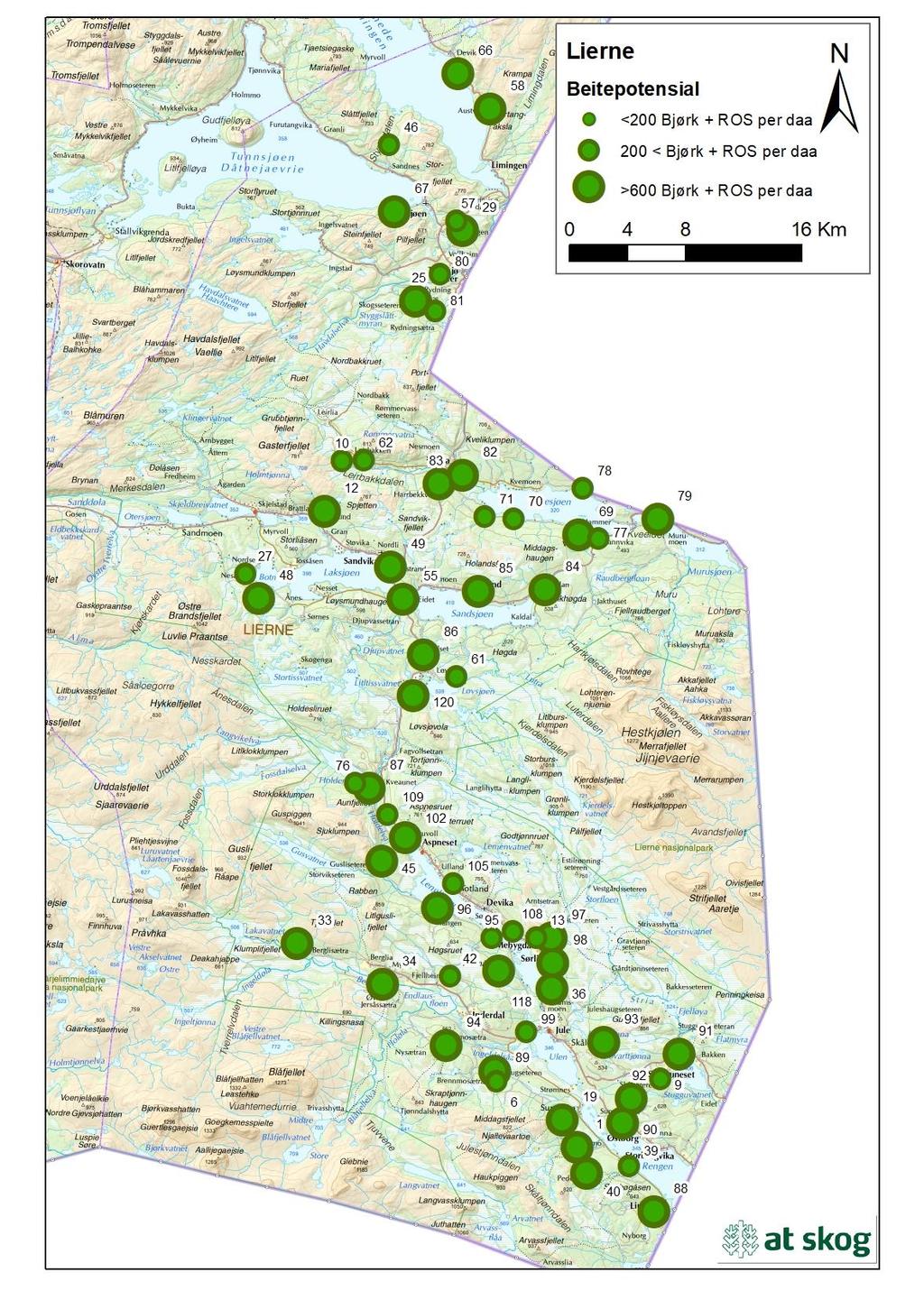 Figur 4. Beitepotensialet for takserte bestand i Lierne i 2018.