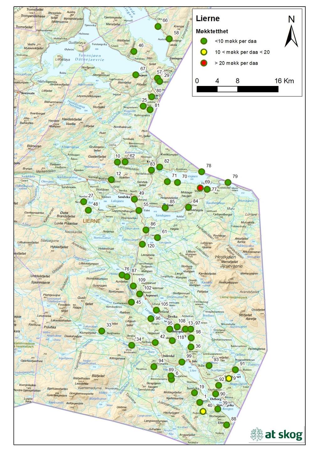 Figur 5. Gjennomsnittlig møkktetthet for takserte bestand i Lierne i 2018.