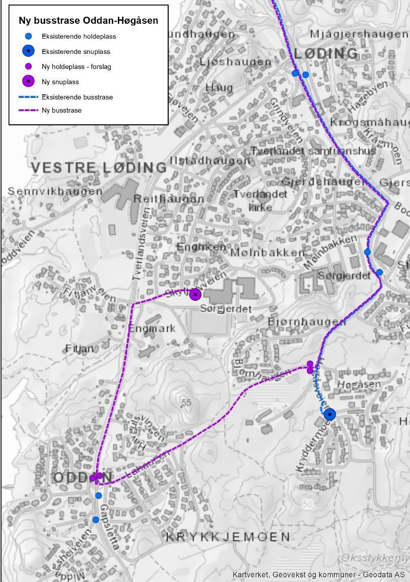 Bedre flatedekning buss kart Eksisterende busstrase har endestasjon og snuplass i Høgåsen.