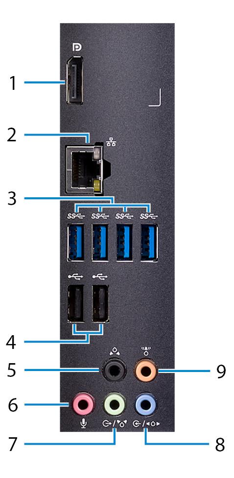 Bakpanel 1 Skjermport Koble bare for debug-formål. 2 Nettverksport MERK: Bruk videoportene på det atskilte grafikkortet for å koble til eksterne skjermer eller projektorer.