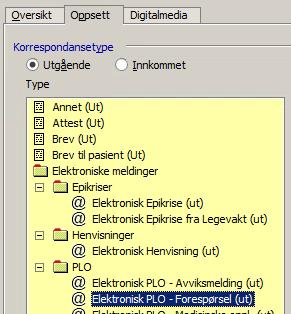 3. Velg fanen Oppsett 4. Velg Elektronisk PLO- Forespørsel (ut) i listen Korrespondansetype 5. Trykk på Til knappen.