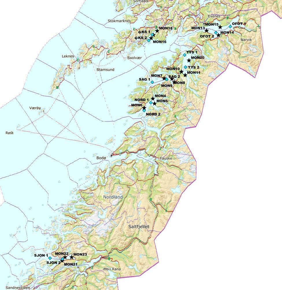 Figur 1. Oversikt over stasjonene for hardbunnsfauna og hydrografi i de seks fjordene i Nordland som ble undersøkt i 2017-2018. (kart fra geonorge.no, wms- server) Norske vannforekomster er iht.