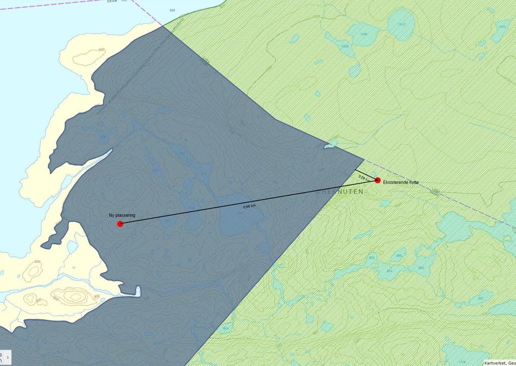 Side 8/10 Hyttas nye plassering, ca. 1 km i luftlinje sør-vest for den opprinnelige, vil ikke endre det landsskapsmessige bilde mye.