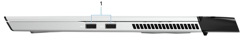 Visninger av Alienware m17 R2 Venstre 1 Security-cable slot (wedge-shaped) (Sikkerhetskabelspor (kileformet) Koble til en sikkerhetskabelen for å forhindre uautorisert bevegelse av datamaskinen.