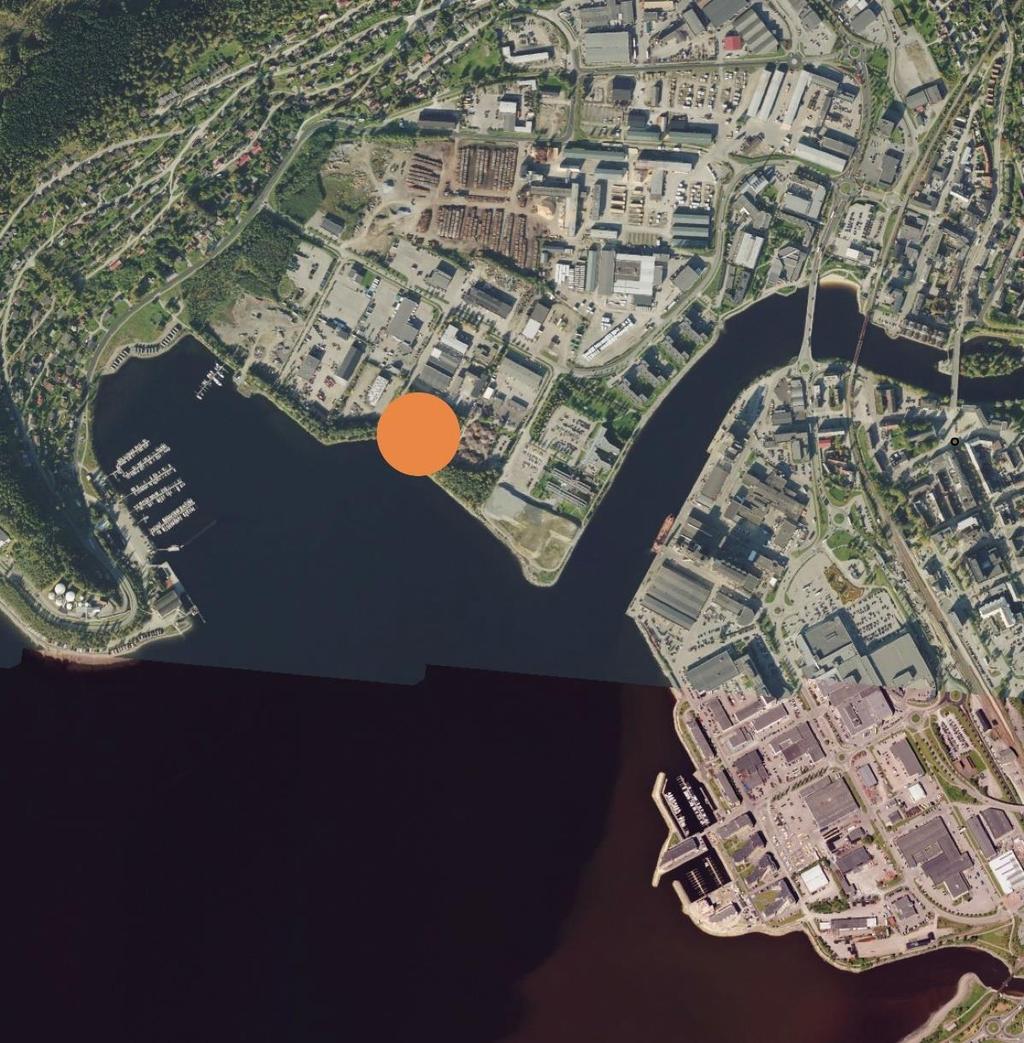 3 Planområdet 3.1 Beliggenhet og avgrensning Steinkjer sentrum. Planområdets beliggenhet er vist med oransje markering. Ortofoto: Norge i bilder.