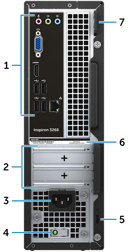 Baksiden 1 Bakpanel Koble USB, lyd, video og andre enheter. 2 Spor til utvidelseskort Gi tilgang til portene på eventuelle installerte PCI Express-kort.