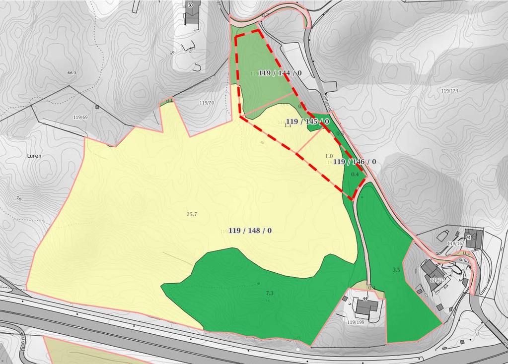 Området g/bnr. 119/144, 145 og 146 (vist med rød stiplet linje) består dels av innmarksbeite (lys gul), dels av skog med særs høy bonitet (mørk grønn) og høy bonitet (lys grønn) (kilde: www.gårdskart.
