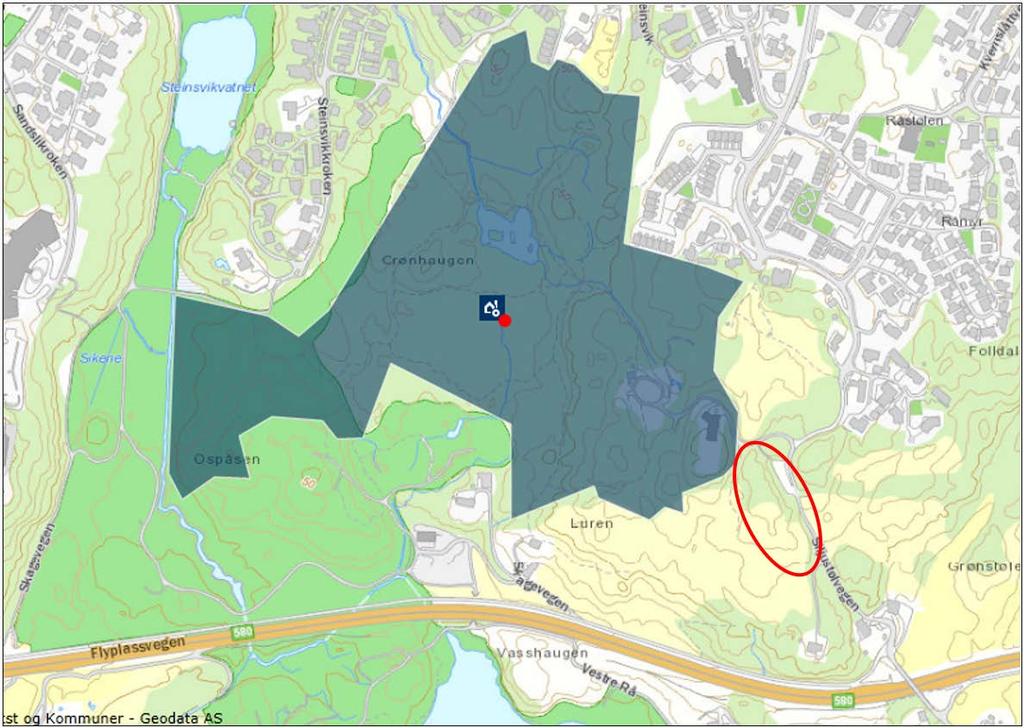 Kartutsnitt fra Askeladden (ra.no), som viser vernet område Siljustølen. Beliggenheten til området som ønskes omdisponert, er vist med rød ellipse.