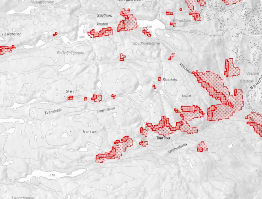 Snøskred Deler av området er av ein slik karakter (bratte hellingar) at det kan