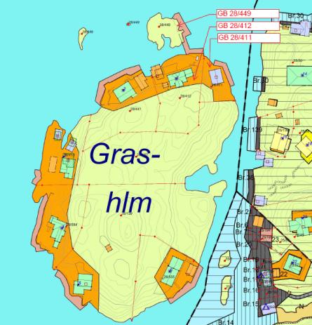 Skråfoto som viser omsøkte tiltak Oversiktskart Grasholmen Søknadens dispensasjonsforhold: Brygge på GB 28/411: Fra plan- og bygningslovens 1-8, forbud mot tiltak i 100-metersbeltet langs sjøen.