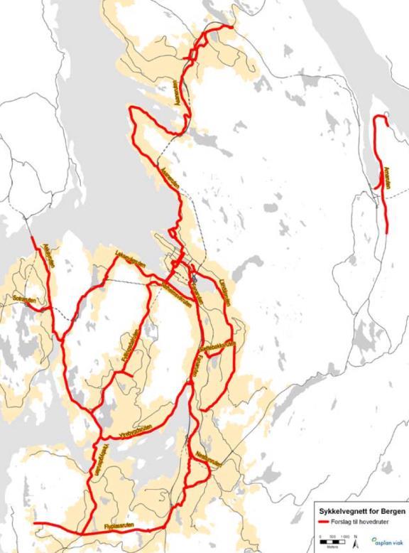 at man skal prioritere strekninger som ligger innenfor 20 minutters sykkelavstand fra Bergen sentrum og at det samla behovet for tilrettelegging i bydelene er på totalt 370 km.