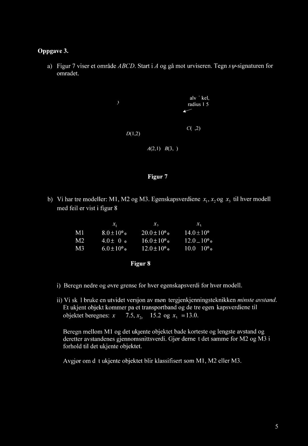 Oppgave 3. Figur 7 viser et område ABCD. Start i A og gå mot urviseren. Tegn s yi-signaturen for området. halvsirkel, radius 1.5 D(1,2) C(4,2) A(2,1) B(3,1) Figur 7 Vi har tre modeller: Ml, M2 og M3.