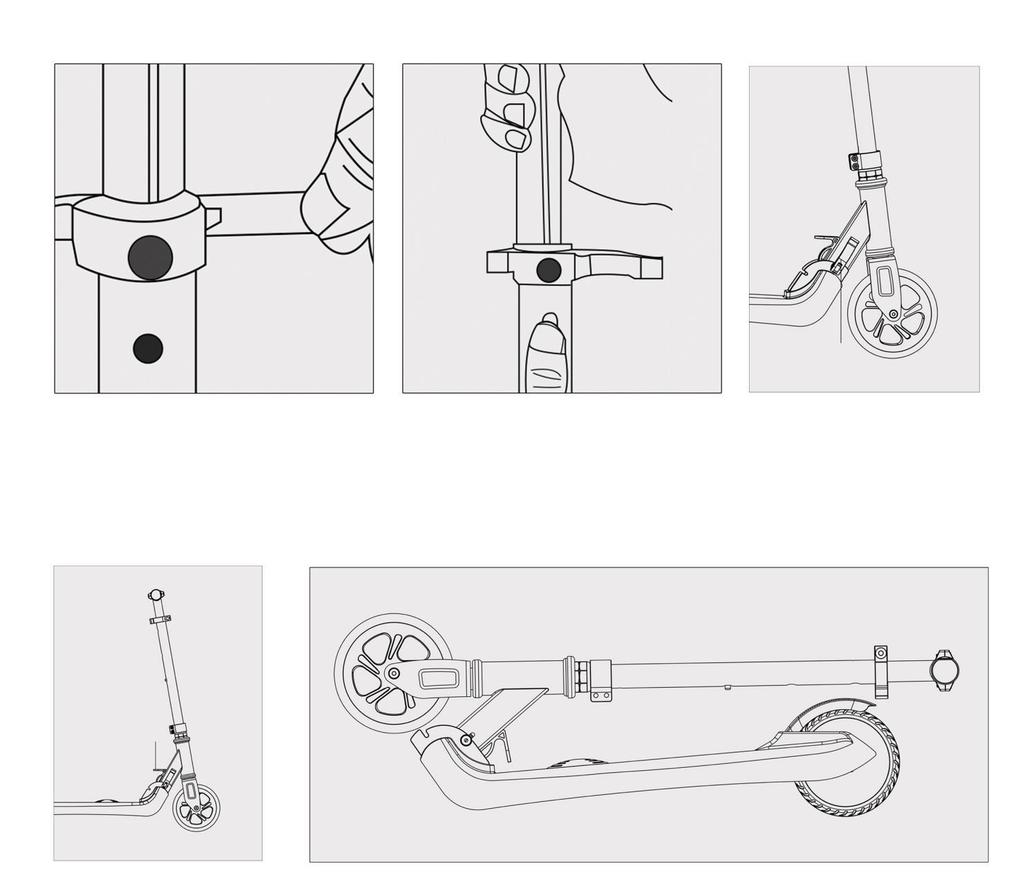 Folding av scooter Løsne spenna. Trykk justeringsknappen for å justere utvidelsestuben til laveste nivå.