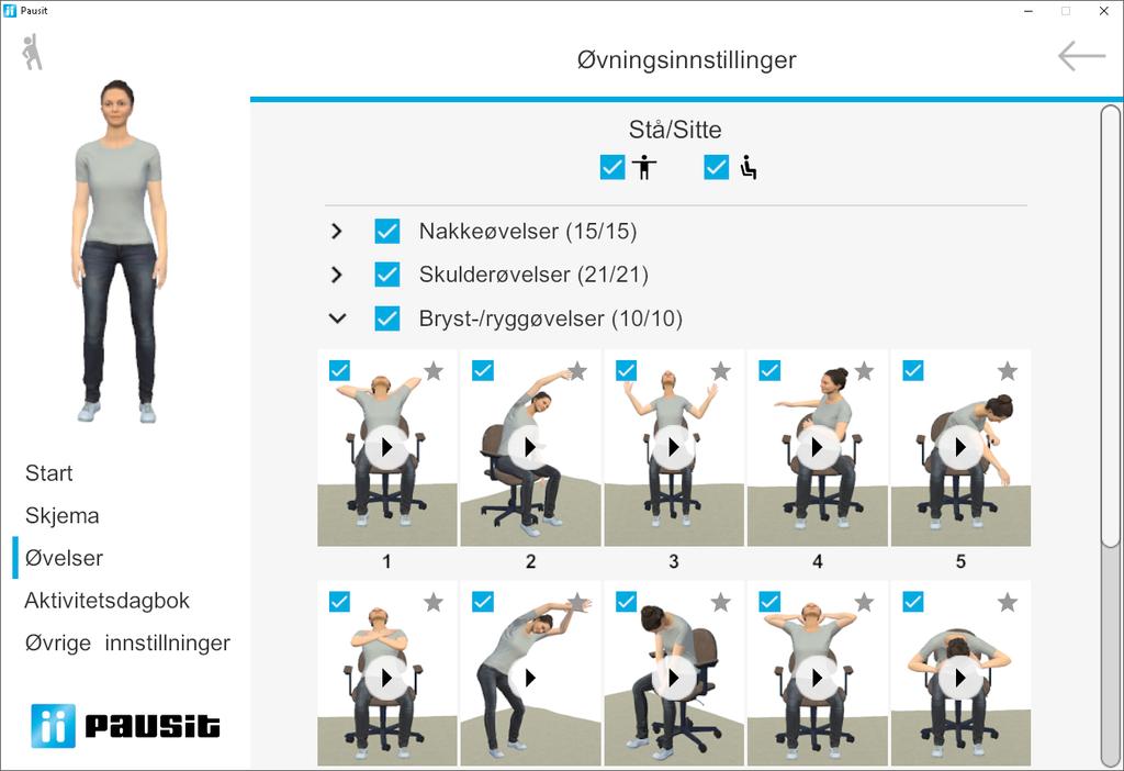 5b: Innstillinger Øvelser Deaktivere øvelse Klikk i den blå ruten i det venste hjørnet for å deaktivere denne øvelsen. Når dette er gjort, vil det stå f. eks 9/10 i denne øvelseskategorien.