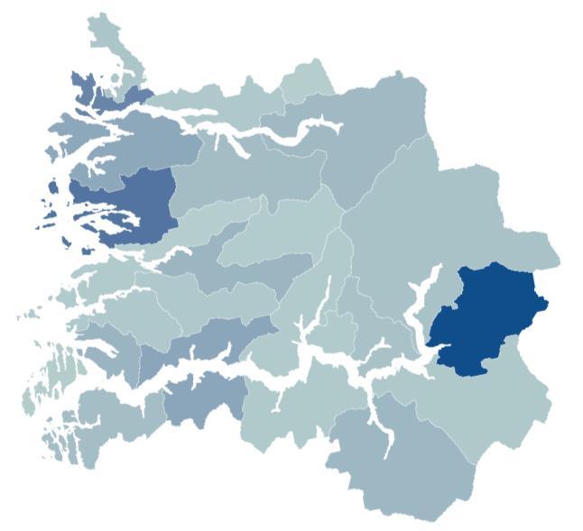 KOMMUNEFORDELT EKSPORT Figur 6: Total eksport i Sogn og Fjordane i 2017 fordelt på kommuner.