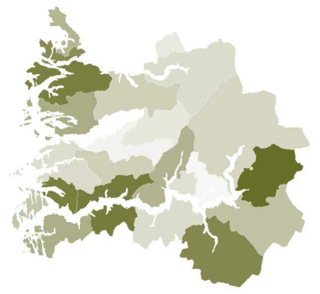 Kilde: SSB og Menon Economics Figuren til venstre viser vi eksport fordelt på de ulike kommunene i Sogn og Fjordane.