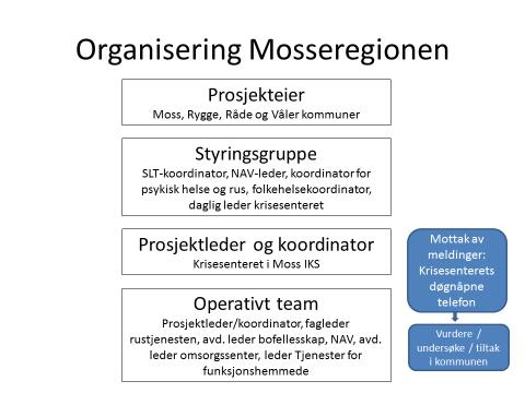 Om prosjektet Organisasjon Mosseregionens kommuner deltar i pilotprosjektet TryggEst sammen med Krisesenteret i Moss IKS som koordinator.
