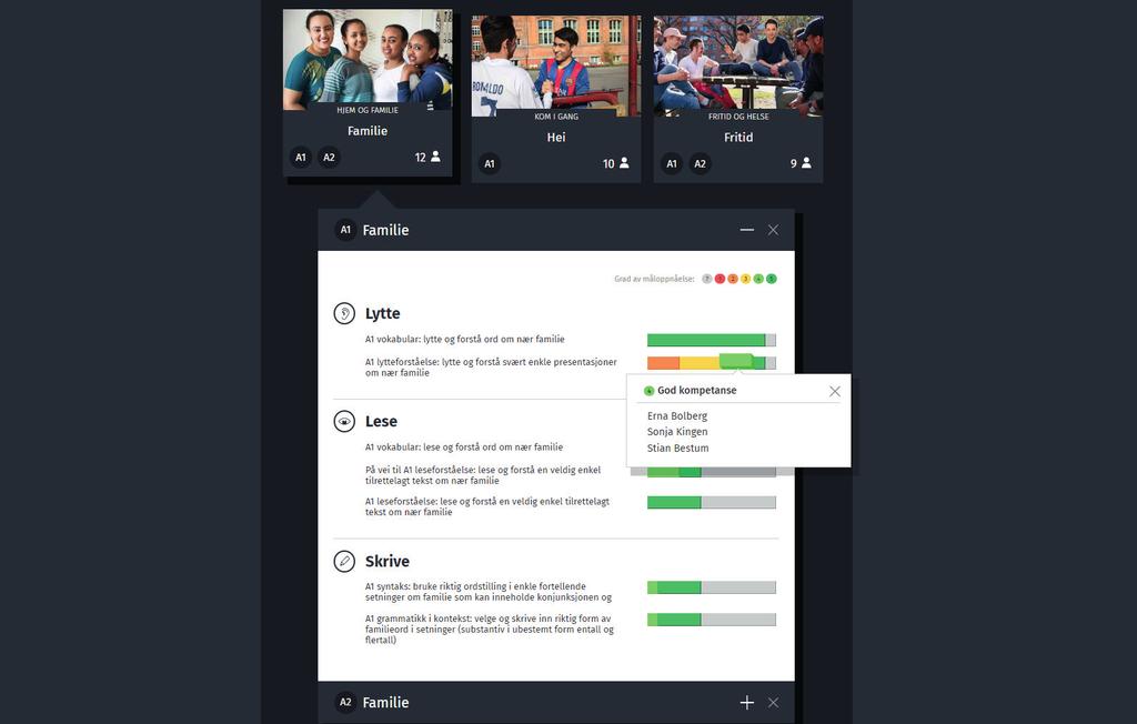 Lærersiden På lærersiden får du innblikk i klassens og den enkelte deltakerens mestring i de ulike deltemaene, i grammatikkdelen og i språklyddelen.