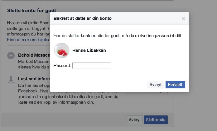 Når jeg har klikket på Slett konto må jeg skrive inn passordet til min facebook konto for å bekrefte at