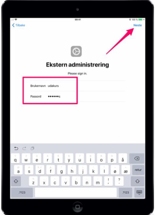 Steg 9: Velg: «Neste» oppe i høyre hjørnet Steg 10: Her vil det dukke opp mulighet til å logge inn med brukernavn og passord.