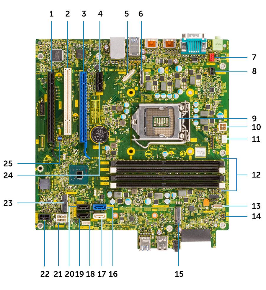 Tårn moderkortoppsett 1 PCIe X16-spor som x4 (spor 4) 2 PCI-kontakt (spor 3) 3 PCI-eX16-kontakt (spor 2) 4 PCI-eX1-kontakt (spor 1) 5 USB type-c Alt-moduskontakt 6 Videokontakt (VGA/DP1.2/HDMI2.