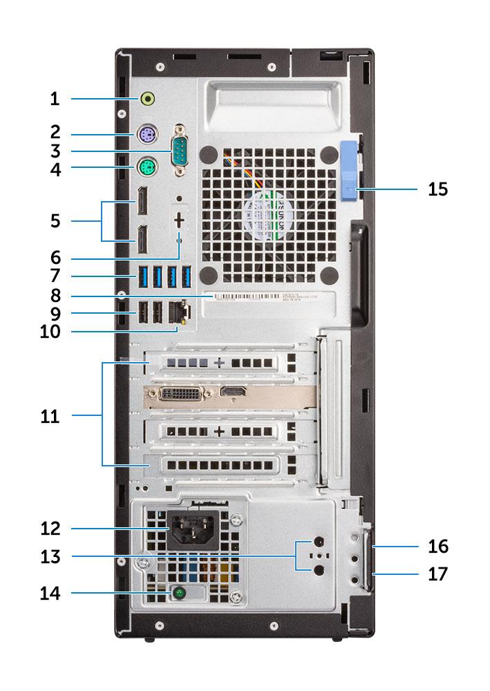 Systemet sett bakfra 1 Utgangsport 2 PS/2-tastaturport 3 Serieport 4 PS/2-museport 5 DisplayPort 6 DisplayPort / HDMI 2.0b / VGA / USB Type-C Alt-Mode (tilleggsutstyr) 7 USB 3.