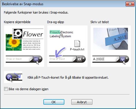 Slik bruker du P-touch Editor Snap-modus I denne modusen kan du ta et skjermdump (bilde) av hele eller deler av innholdet som vises datamaskinens skjerm, skrive det ut som et