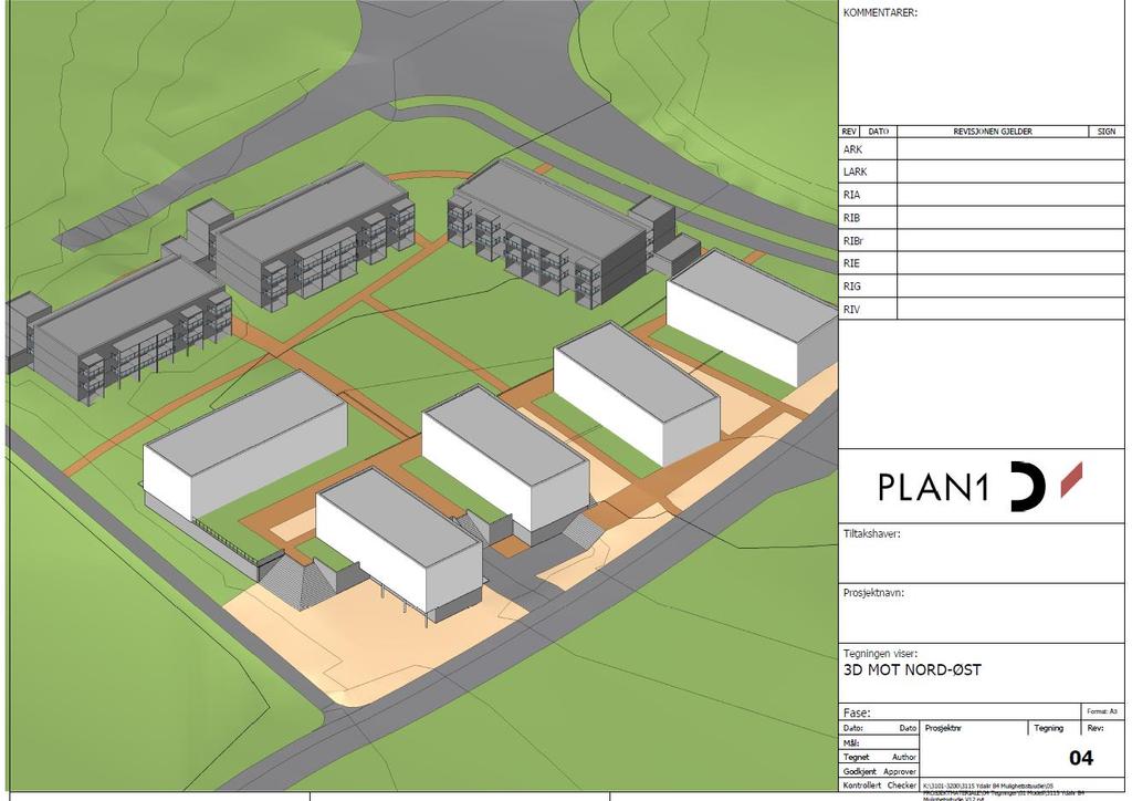 6 Planlagt bebyggelse Oversendt illustrasjonsplan viser en foreløpig utnyttelse på B4, samt type bebyggelse. Det planlegges med 8 lavblokker på 3 og 4 etasjer.