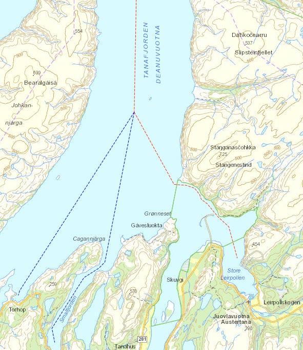 Kartutsnittet til venstre viser Tanafjorden med bileden (blå stiplet linje) til Smalfjorden og Torhop og hovedleden til Leirpollen (rød stiplet linje).