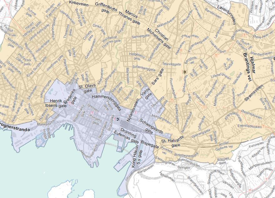 Sentrum (i lilla på kartet) Avgrensningen av sentrum gjelder i det nye forslaget nå for både bolig og næring/offentlig tjenesteyting, og blir utvidet til å inkludere hele Bjørvika, Tjuvholmen,