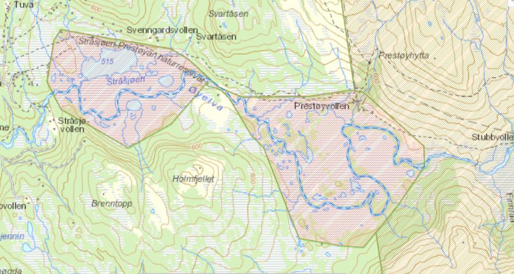 Kart over reservatet med elva tegnet inn med stiplet strek. Vurderinger Fra og med den 01.10.