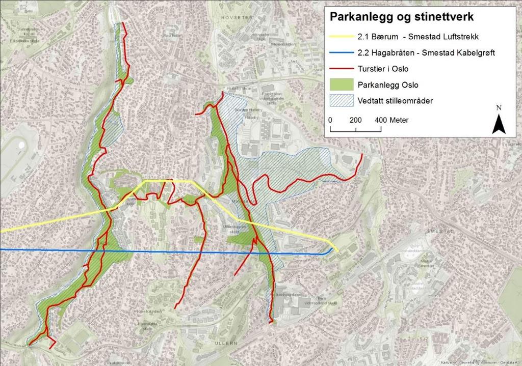 Figur 49: Registeringer av parkanlegg, stinettverk og vedtatt stille områder fra innsynsløsningen «Kartbank» fra Bymiljøetaten i Oslo.