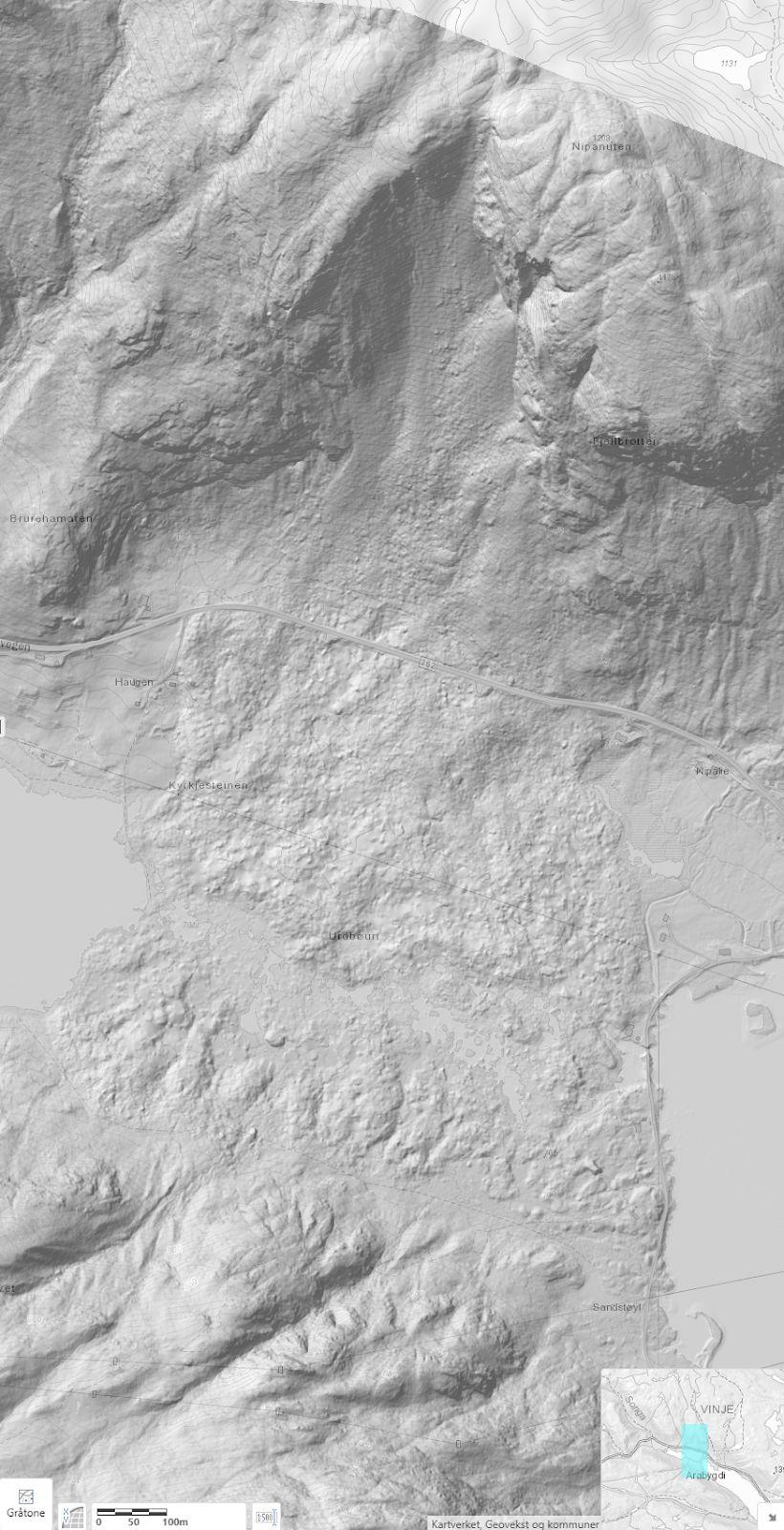 Figur: Skyggekart med oversikt over fjellskred fra Nipanuten ved Totak i Vinje kommune.