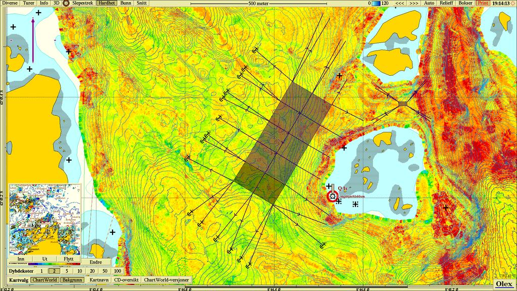 Figur V8.4 Anleggsplassering over målinger av relativ hardhet. Kartet er orientert mot nord.