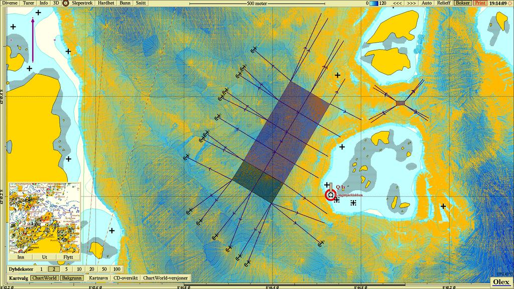 Figur V8.5 Anleggsplassering over målinger som viser tettheten av ekkoloddskudd (oransje farge).