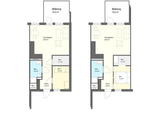 2-roms leilighet Areal: 47 m2 BRA Balkong: 10 m2 BRA 2-roms leiligheter i bygg 8 En 2-roms leilighet består av åpen stue og kjøkken-løsning, soverom, romslig bad, entré og bod.