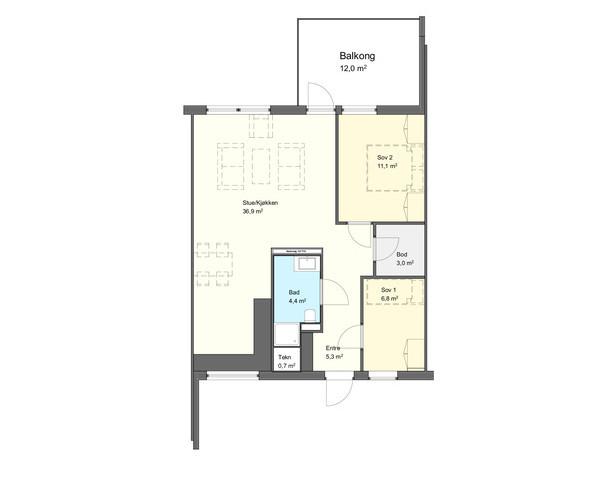 3-roms leilighet Areal: 70 m2 BRA Balkong: 12 m2 BRA 3-roms leiligheter i bygg 8 En 3-roms leilighet leveres med åpen stue og kjøkken-løsning, et hovedsoverom, et