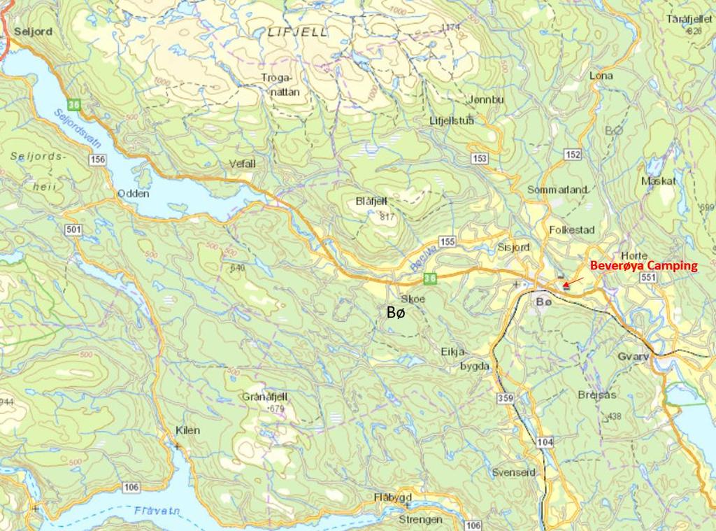 Figur 1 Oversiktskart I notat fra Norconsult datert 18.02.08 beskrives en vannlinjeberegning for Bøelva ved Rotebergmoen. Rotebergmoen ligger på andre side av elven i forhold til Beverøya camping.