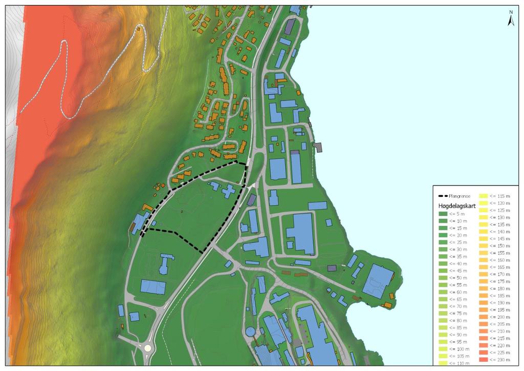 Figur 2. Høgdelagskart som synar høgdefordelinga i området. Planområdet ligg på ei flate, på kote +1-3. Terrenget stig kraftig mot vest. Figur 3.