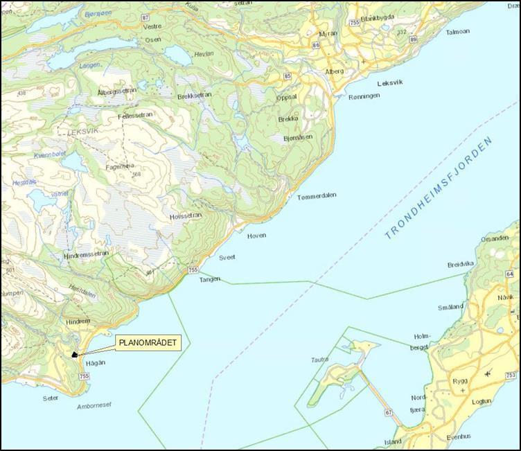 4. BESKRIVELSE AV PLANOMRÅDET, EKSISTERENDE FORHOLD 4.1 Beliggenhet Hindrem ligger 2,5 mil øst fra fergeleiet på Rørvik og 1 mil vest fra Leksvik sentrum. Planområdet ligger ca 250 m vest for Fv 755.