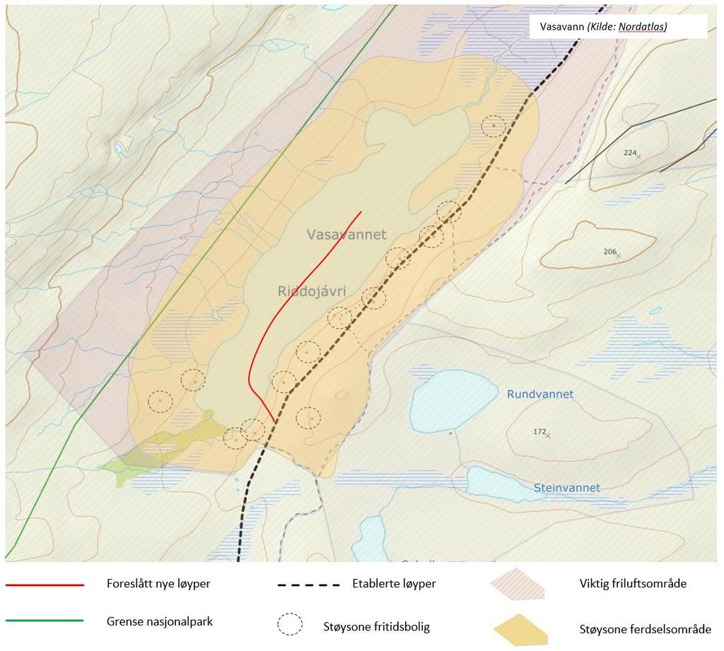(Kartutsnitt med verdi friluftsområder, løypetraseer og beregnede støysoner Vasavann) Som det fremgår av utsnittet vil det ikke være mulig å legge den nye løypa utenfor minsteavstandene.