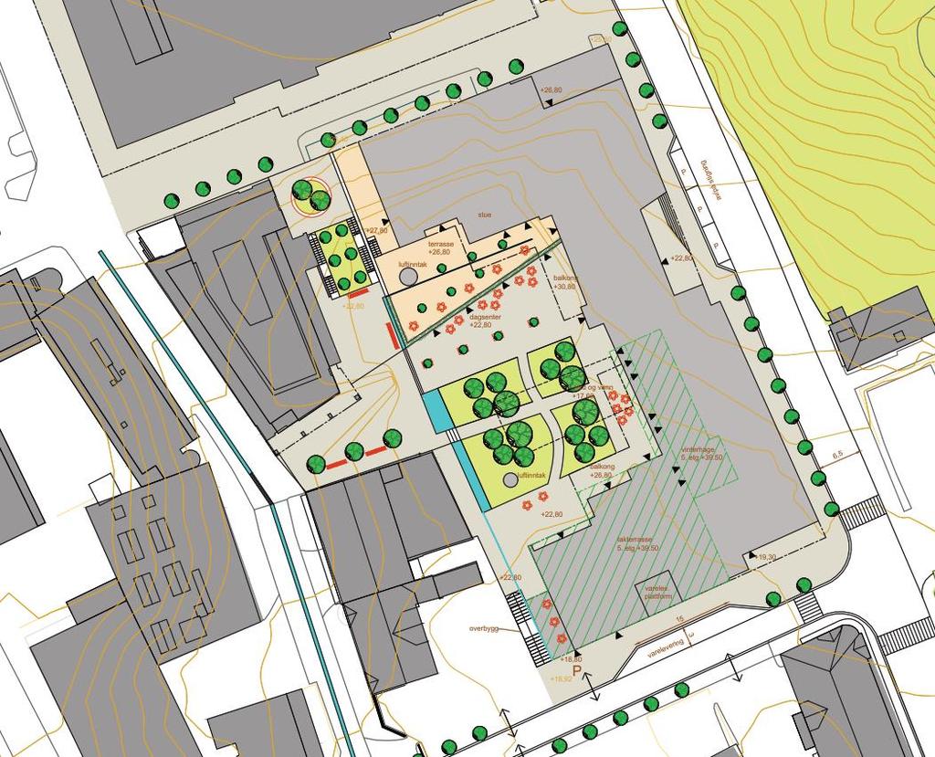 Figur 1-14 Landskapsplan fra skisseprosjekt som viser bo- og dagsenterets innganger, næringslokaler (grønn skravur) og utearealer med blågrønne elementer, landskapsplan fra 03.05.2018.