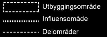 De ulike delområdene er: 1) Utbyggingsområdet 2) Sykkelplassen 3) Liestredet 4) Plassen/ hjørnene mellom