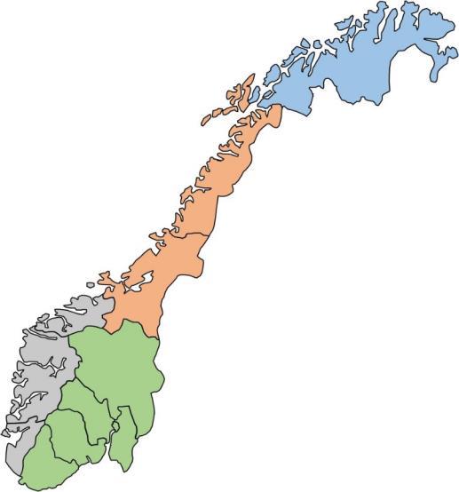 Figur 1: Alternativene med fire eller fem forvaltningsregioner vises i kartet under Figur 2: Dagens 8 rovviltregioner til venstre, og de elleve ny fylkene etter regionreformen (til høyre).