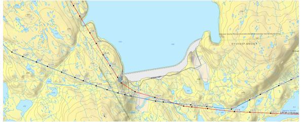 Kart over området ved Storevassdammen.
