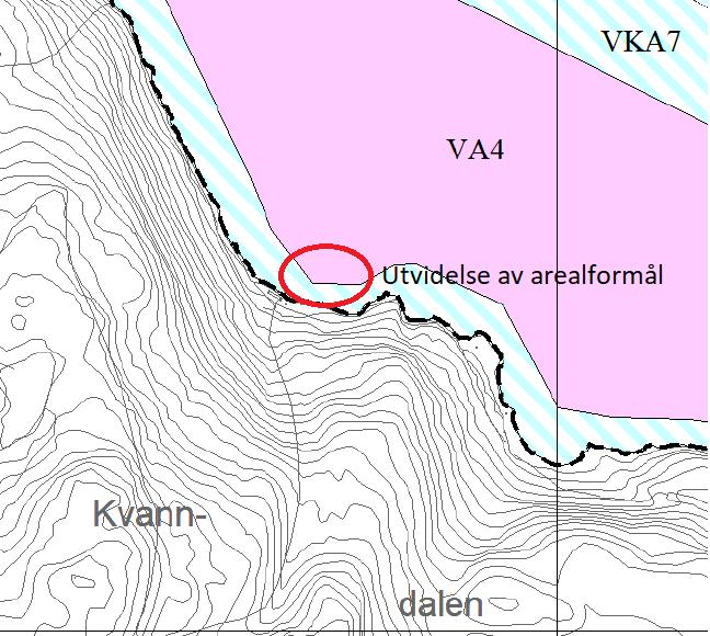 Utsnittet viser området der arealformålet er utvidet mot sør. Ut over endringer av arealformål har en etter høringen valgt å revidere bestemmelsene på følgende punkt: 2.