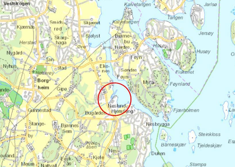 113809r1 28. desember 2018 Side 5 2 Områdebeskrivelse 2.1 Beliggenhet Det undersøkte området ligger ved Ekenessundet på Nøtterøy, rett nord for Nesbrygga.