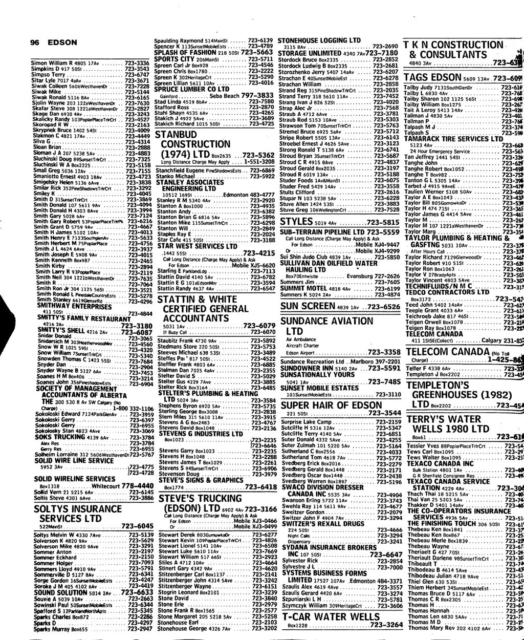 96 EDSON Simon William R 4805 l7av 723-3336 Simpkins D 917 SOSt 723-3543 Simpso Terry 723-6747 Sitar Lyie 7017 4aAv 723-3671 Siwak Colleen 5606WeslhavenDr 723-7228 Siwak Mike 723-5144 Siwak Ronald