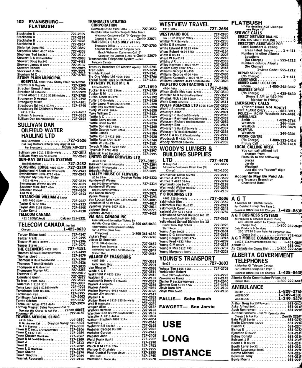 102 EVANSBURG FLATBUSH Steckhahn B Steckhahn B Steckhahn B Steckhahn R Stefaniak June RRi Stepaniuk Mike 4607 48Av Stephens Ted Box268 Stewart B A 9Entwistl Mnr Stewart Doug Box34l Stewart James A